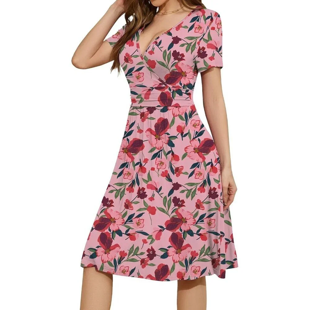 Women Tulip Floral Short Sleeve V-Neck Floral Stretchy Party Dress with Pockets